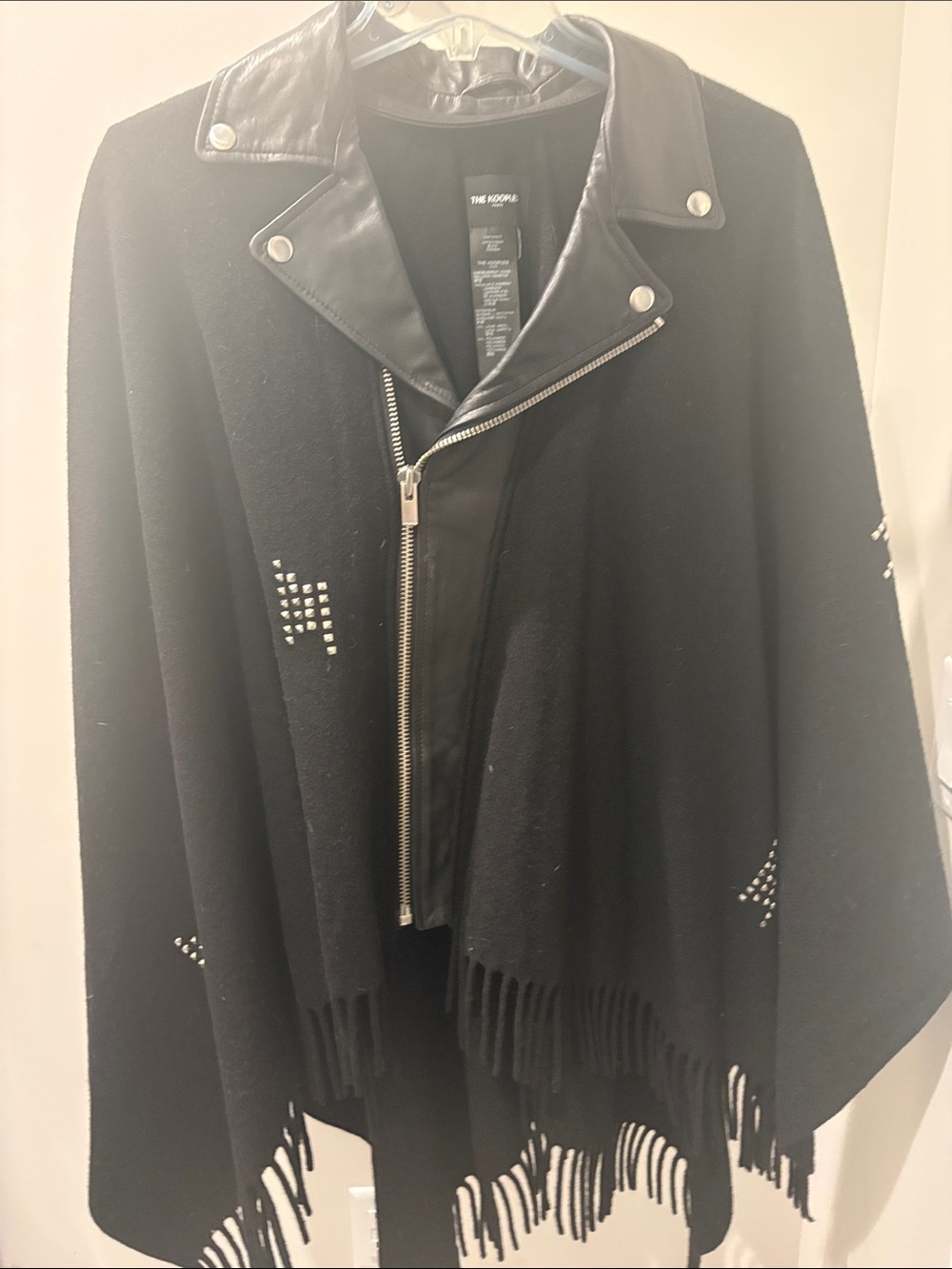 The Kooples Black Fringe Poncho with Leather Trim & Stud Accents